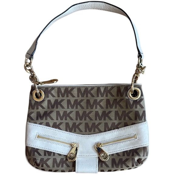 NWOT MICHAEL KORS JAMESPORT SIGNATURE JACQUARD SHOULDER BAG PURSE BEIGE VANILLA - Picture 1 of 13